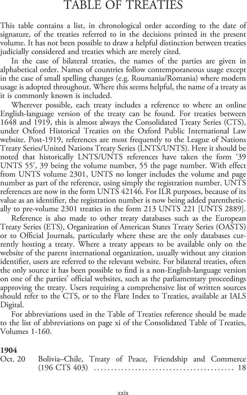 Table of Treaties | International Law Reports | Cambridge Core