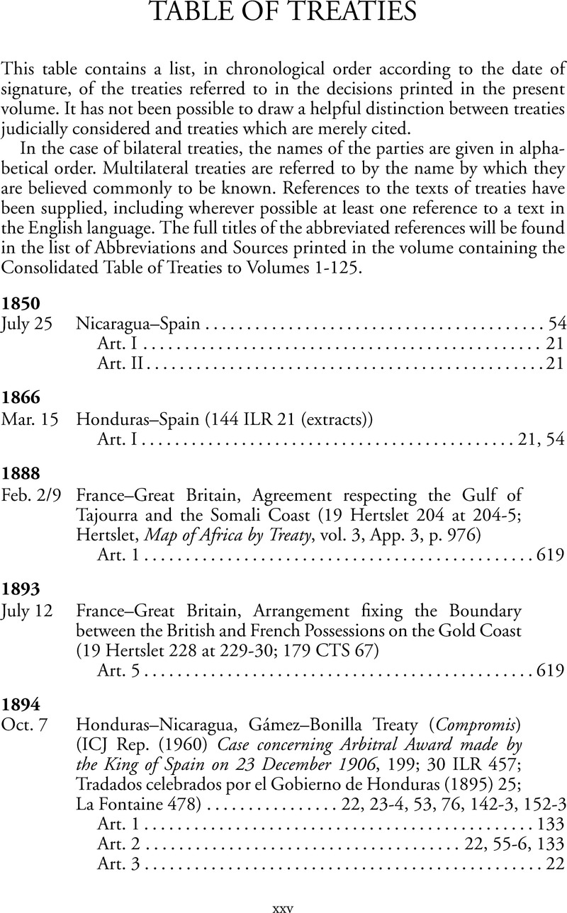 Table Of Treaties | International Law Reports | Cambridge Core