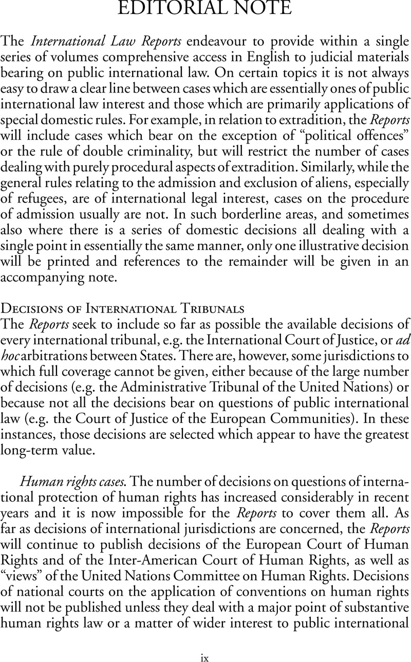 Editorial Note | International Law Reports | Cambridge Core