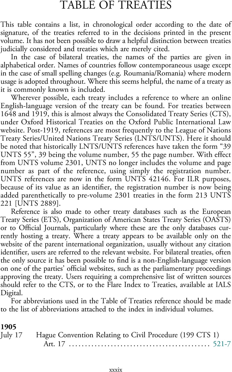Table of Treaties | International Law Reports | Cambridge Core