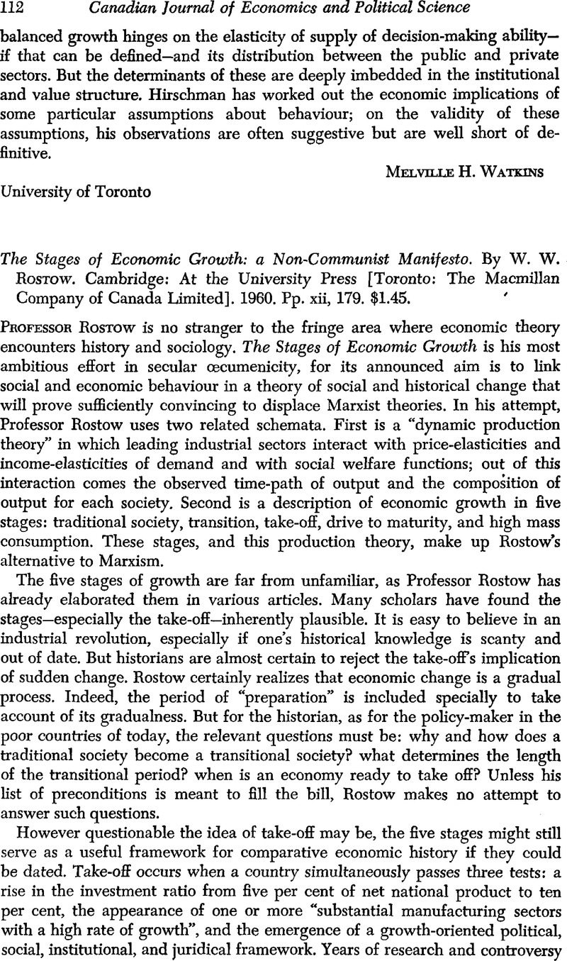 The Stages of Economic Growth: a Non-Communist Manifesto. By W. W ...