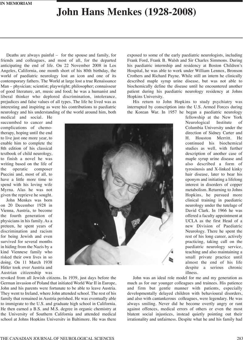 John Hans Menkes (1928-2008) | Canadian Journal of Neurological ...