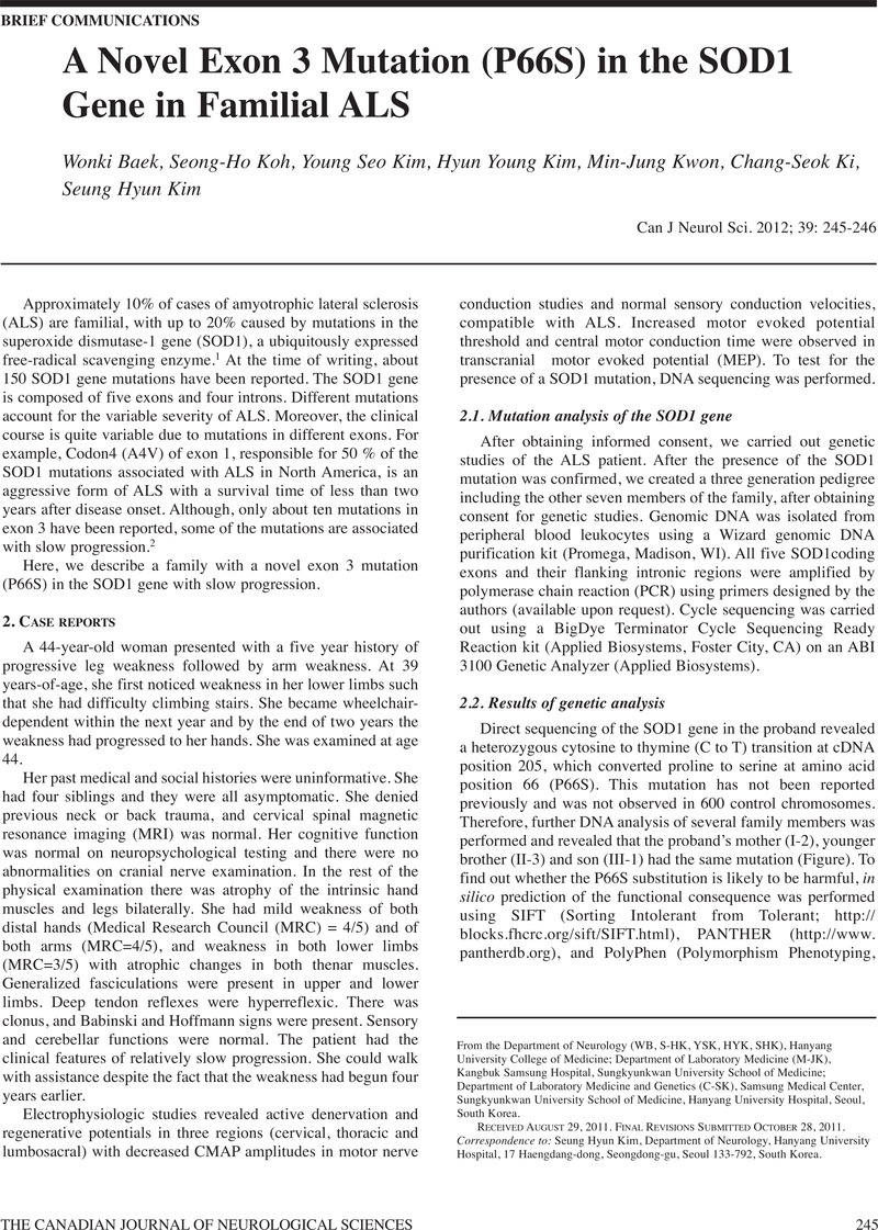 A Novel Exon 3 Mutation P66s In The Sod1 Gene In Familial Als