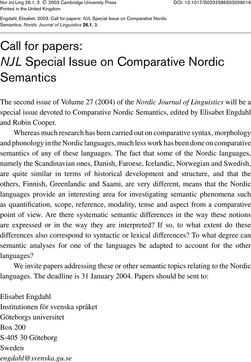 Call for papers: NJL Special Issue on Comparative Nordic Semantics ...
