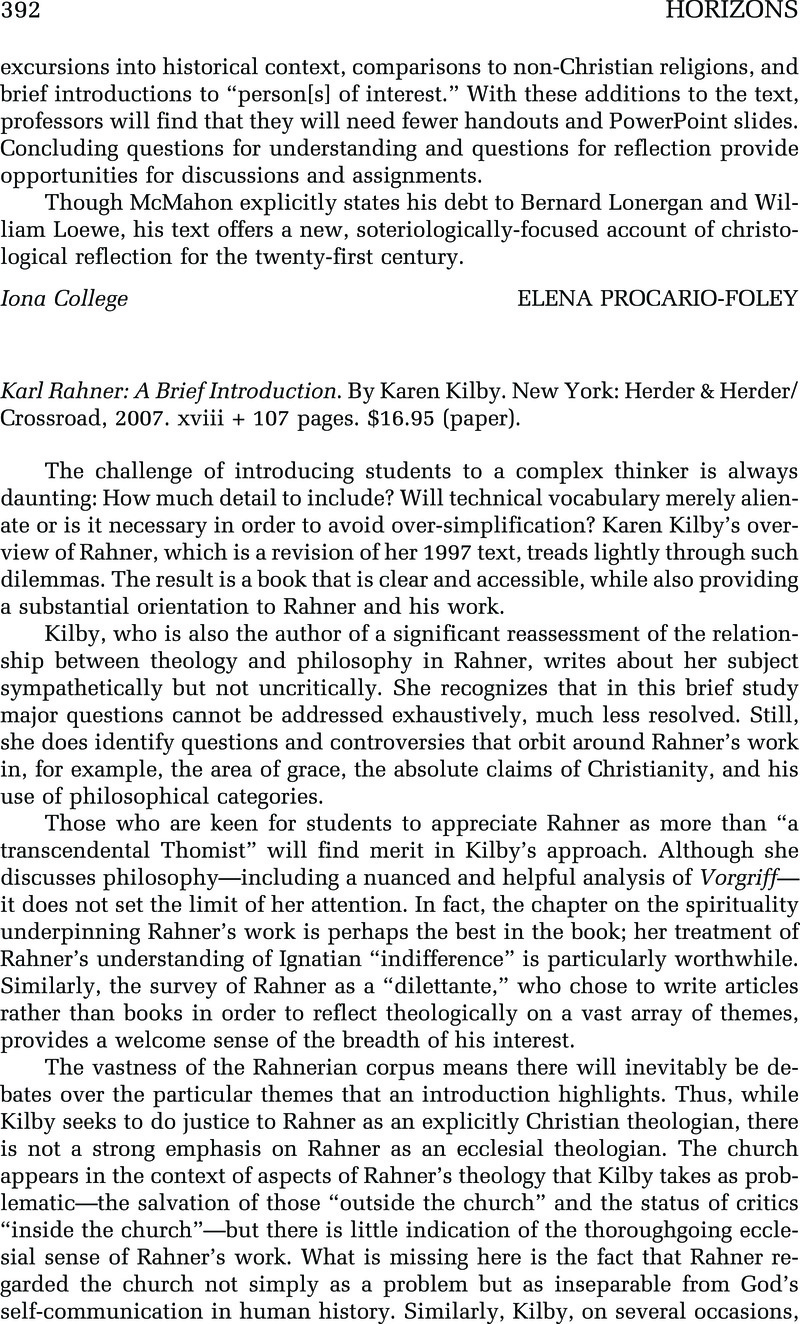 Karl Rahner: A Brief Introduction. By Karen Kilby. New York: Herder ...