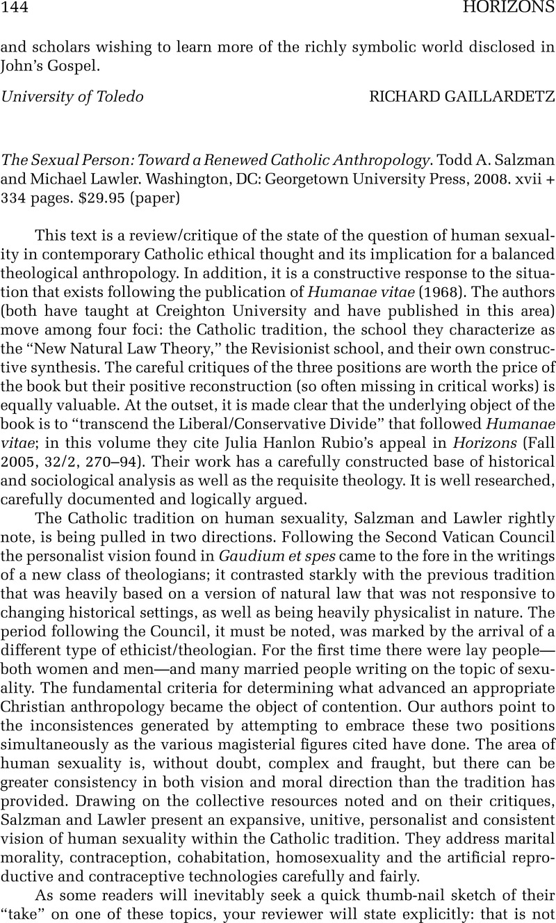 The Sexual Person Toward A Renewed Catholic Anthropology Todd A Salzman And Michael Lawler 