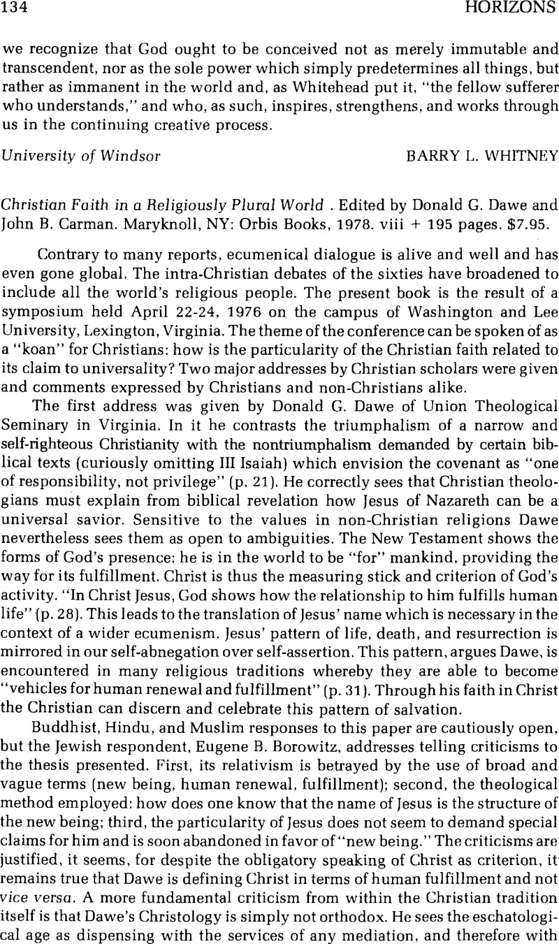 Christian Faith In A Religiously Plural World. Edited By Donald G. Dawe ...