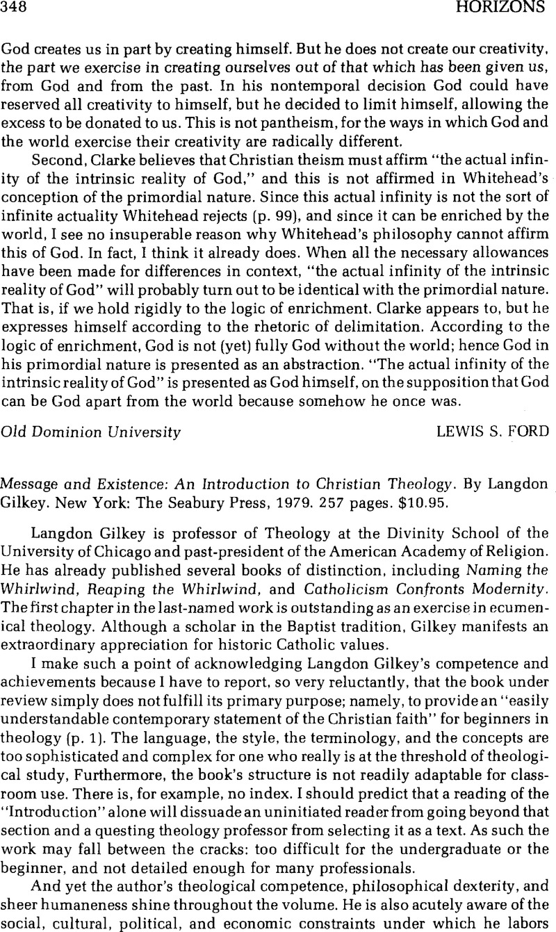 Message and Existence: An Introduction to Christian Theoiogy. By ...