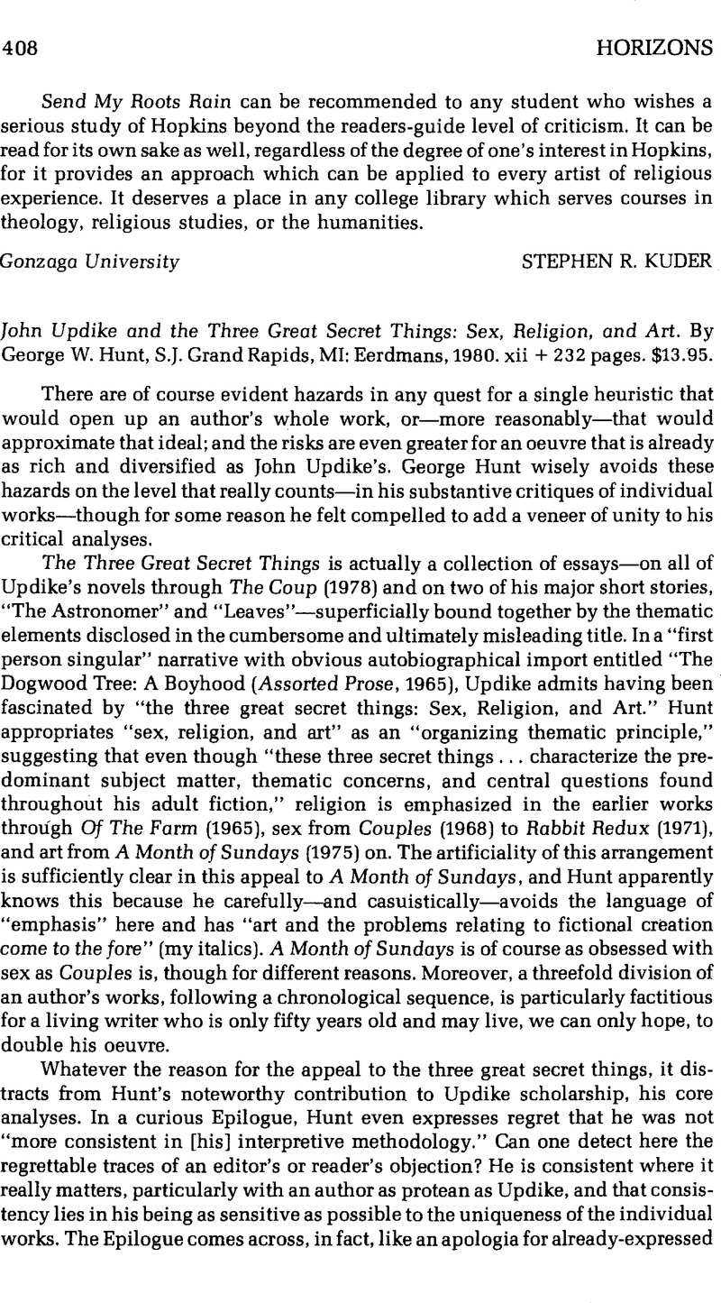 John Updike And The Three Great Secret Things Sex Religion And Art By George W Huntsj