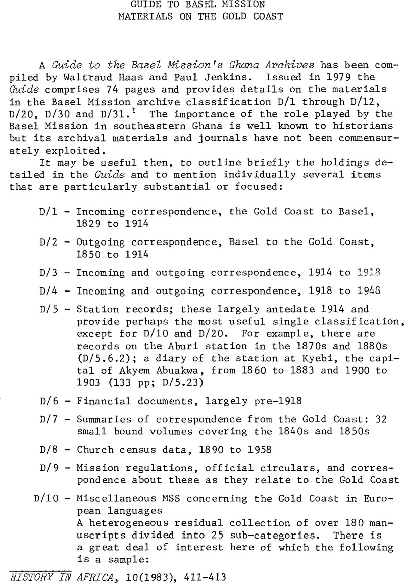 Guide to the Basel Mission Materials on the Gold Coast History in