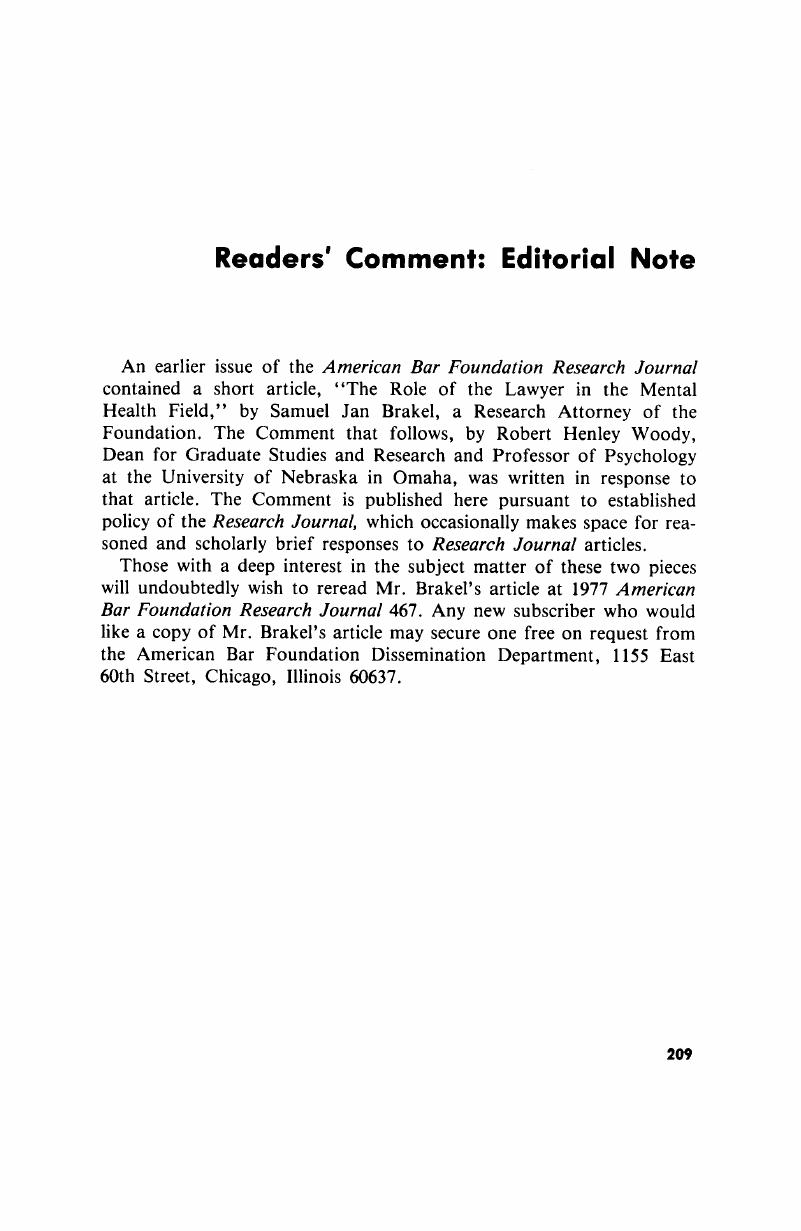 Readers' Comment Editorial Note American Bar Foundation Research