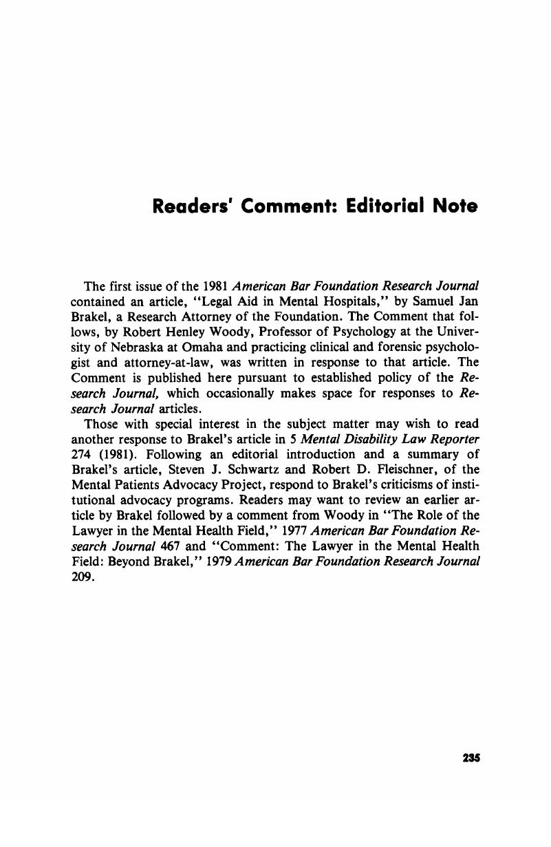 Readers' Comment Editorial Note American Bar Foundation Research