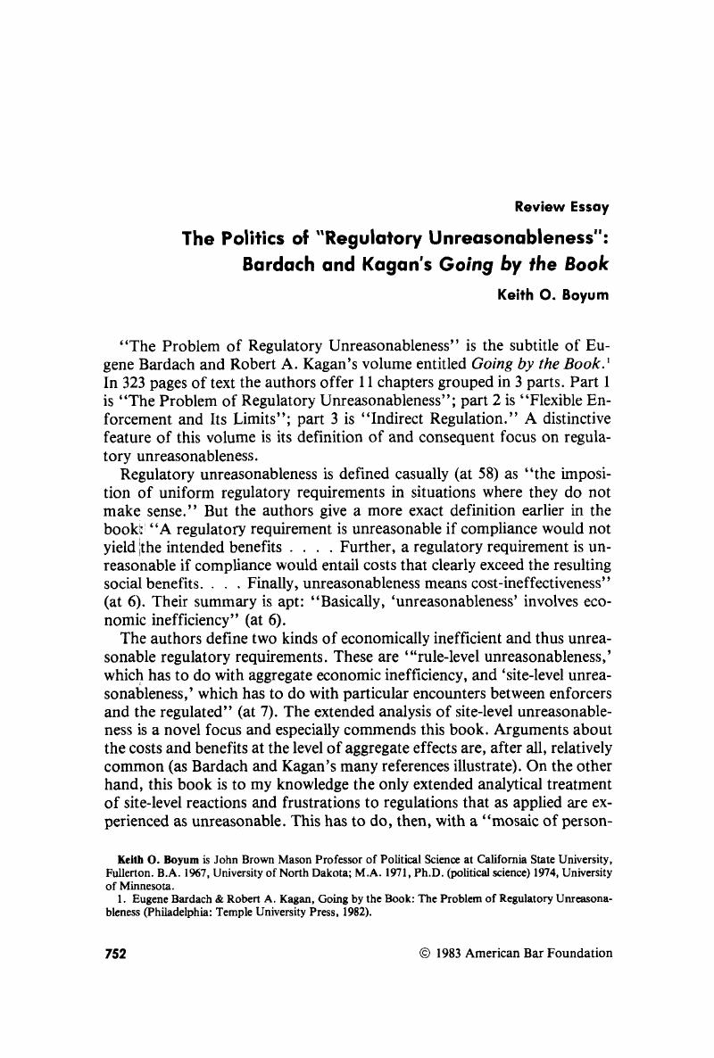 The Politics of “Regulatory Unreasonableness” Bardach and Kagan's