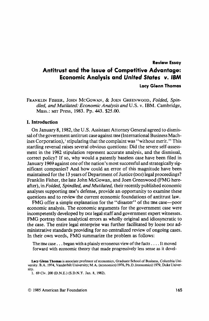 Antitrust and the Issue of Competitive Advantage: Economic