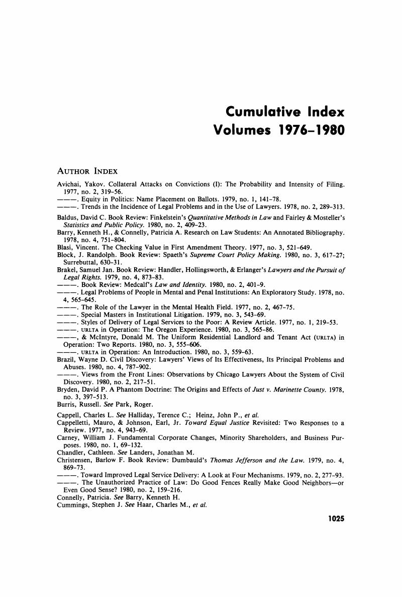 Cumulative Index Volumes 19761980 American Bar Foundation Research