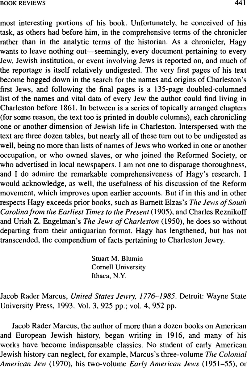 Jacob Rader Jacob Rader Marcus, United States Jewry, 1776–1985. Detroit: Wayne ...