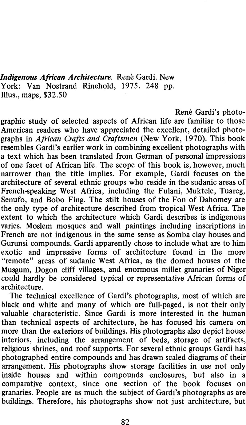 Indigenous African Architecture. René Gardi. New York Van Nostrana