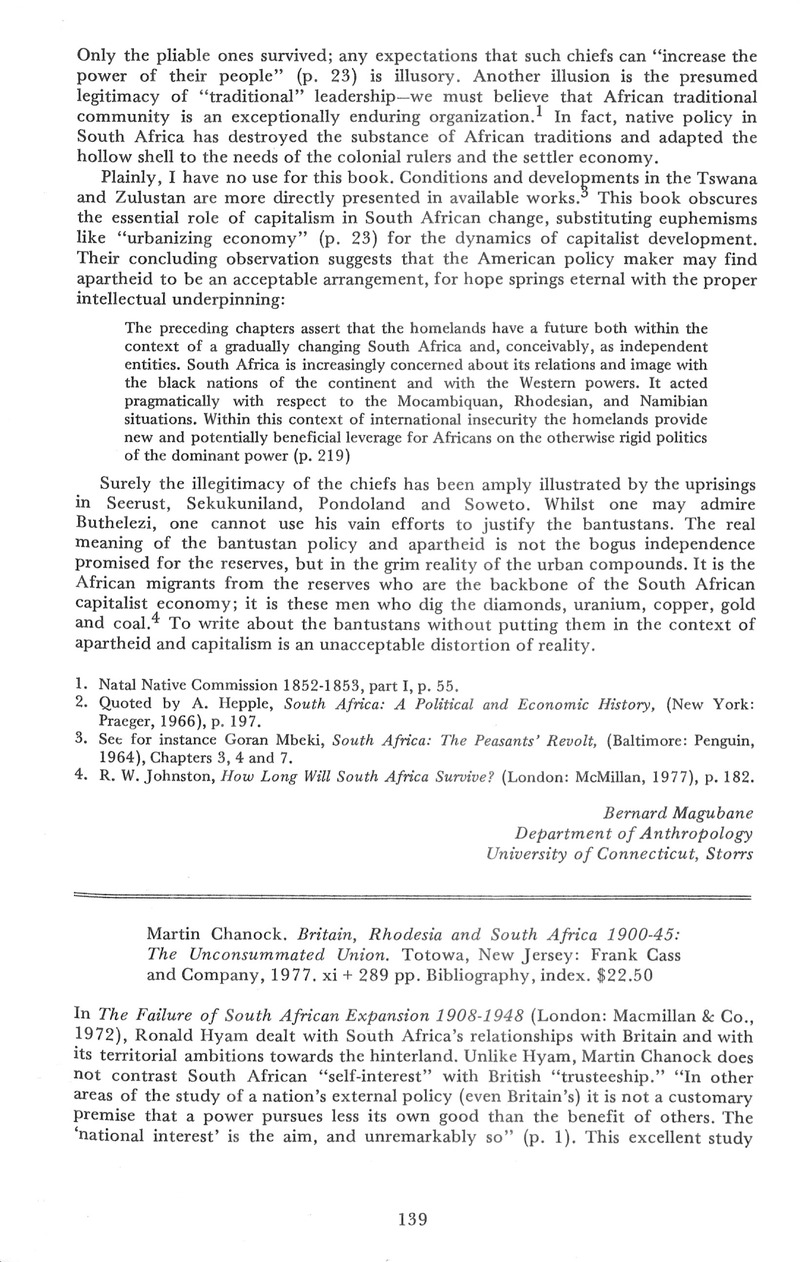 Martin Chanock. Britain, Rhodesia and South Africa 1900-45: The ...