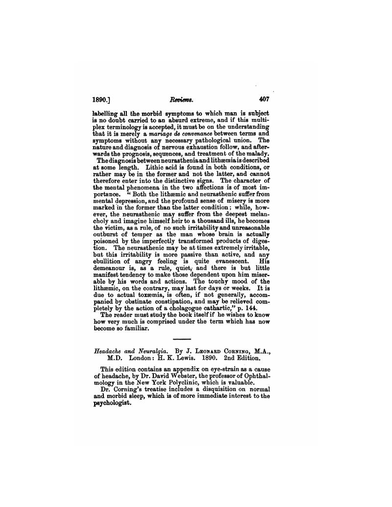 Headache and Neuralgia. By J. Leonard Corning, M.A., M.D. London: H. K ...