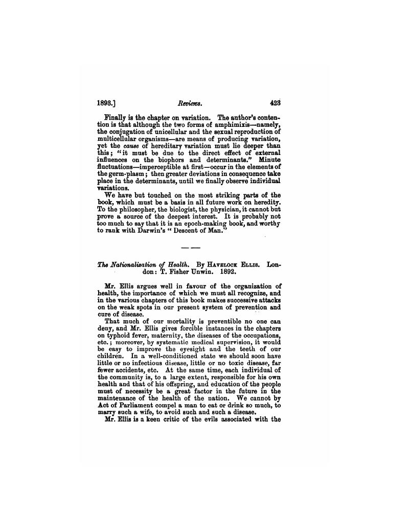 The Nationalization of Health. By Havelock Ellis. London: T. Fisher ...