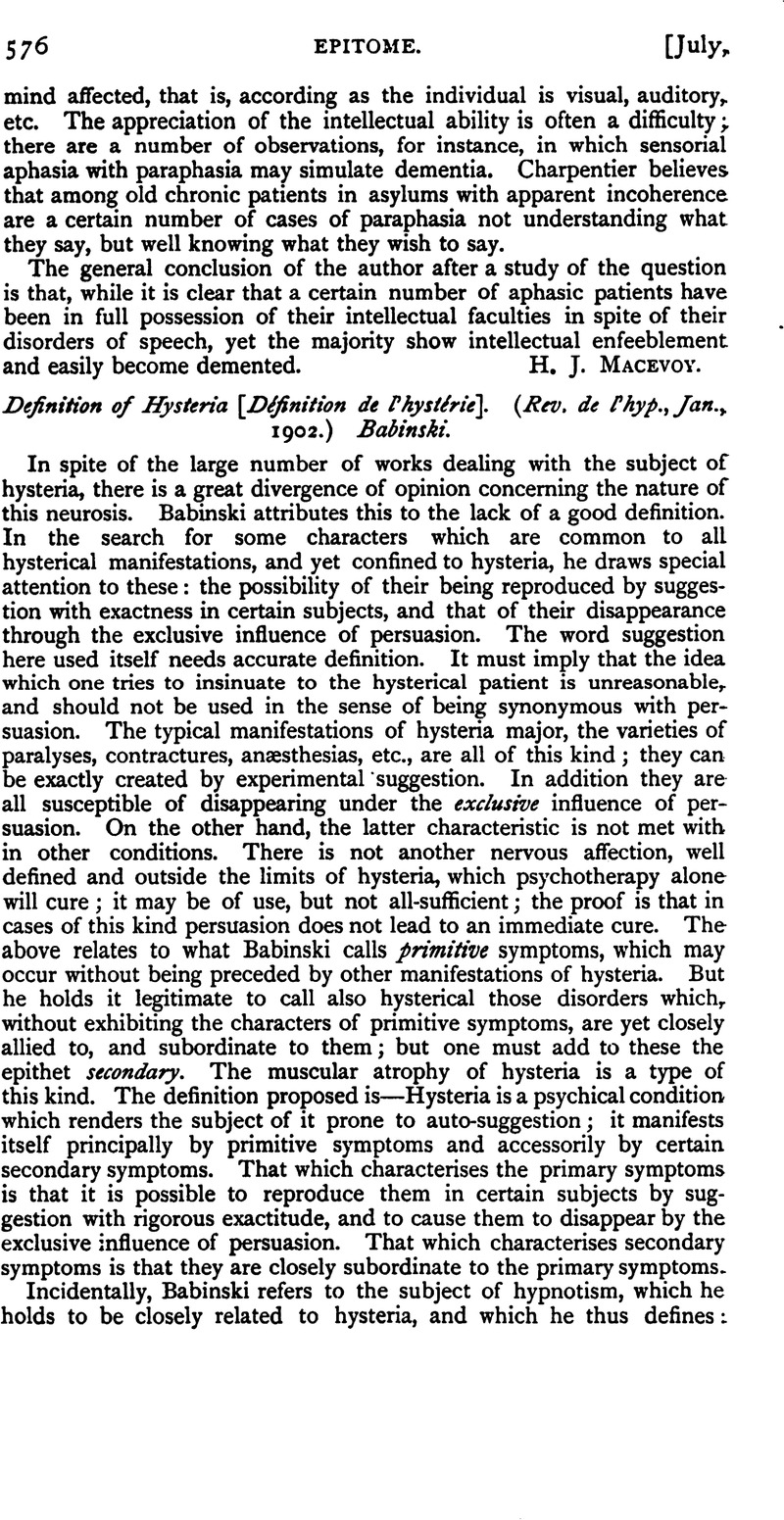 Definition of Hysteria [Définition de l'hystérie]. (Rev. de l'hyp., Jan ...