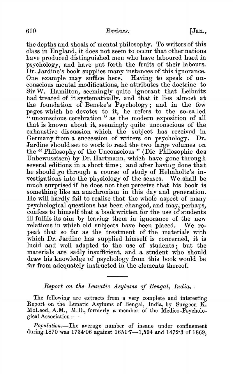 Report on the Lunatic Asylums of Bengal, India | Journal of Mental ...