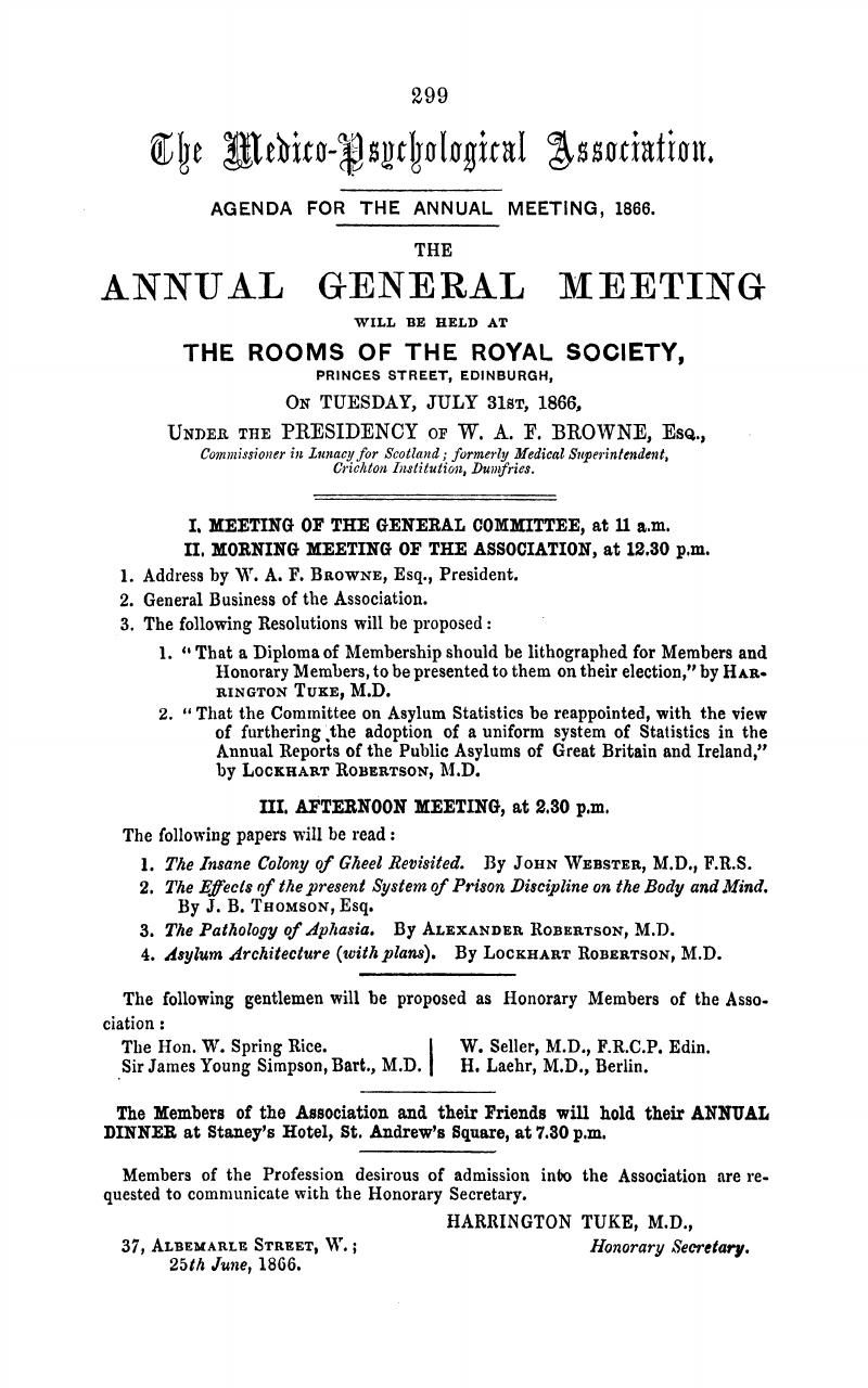 Agenda for the Annual Meeting, 1866 Journal of Mental Science