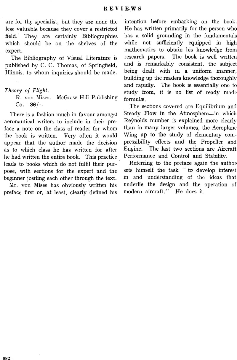 Theory of Flight. R. von Mises. McGraw Hill Publishing.Co. 36/. The