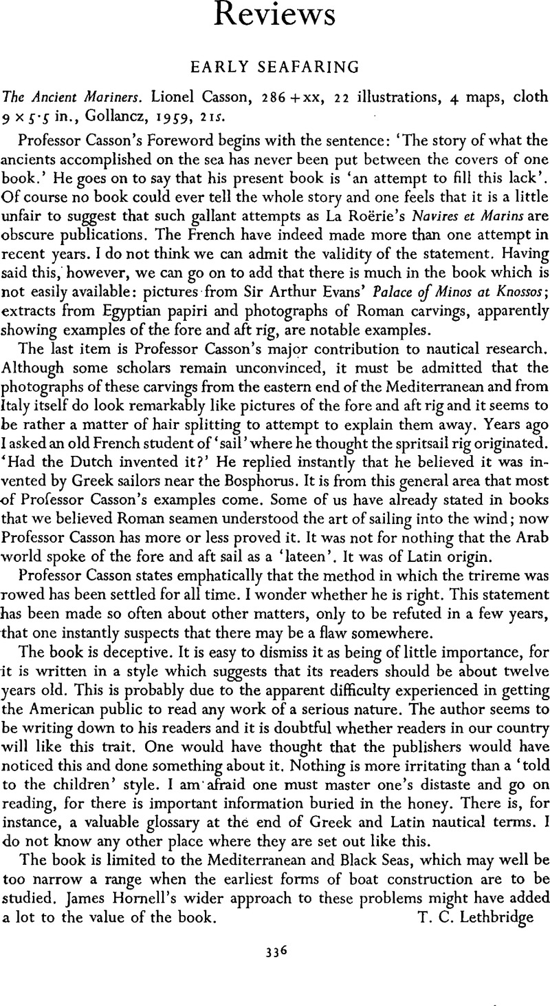 Early Seafaring - The Ancient Mariners. Lionel Casson, 286 + Xx, 22 