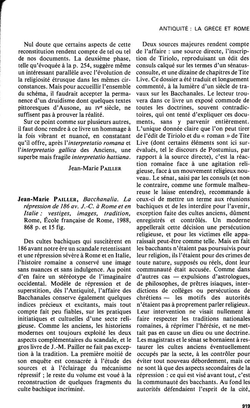 Jean-Marie Pailler, Bacchanalia. La Répression De 186 Av. J.-C. à Rome ...