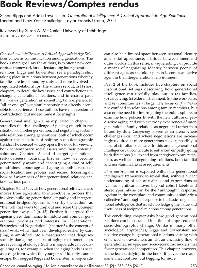 Canadian Journal on Aging / La Revue canadienne du vieillissement