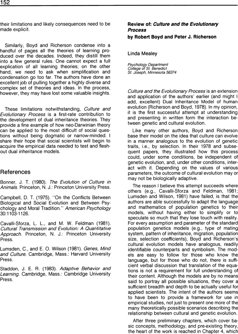 Review of: Culture and the Evolutionary Process by Robert Boyd and ...