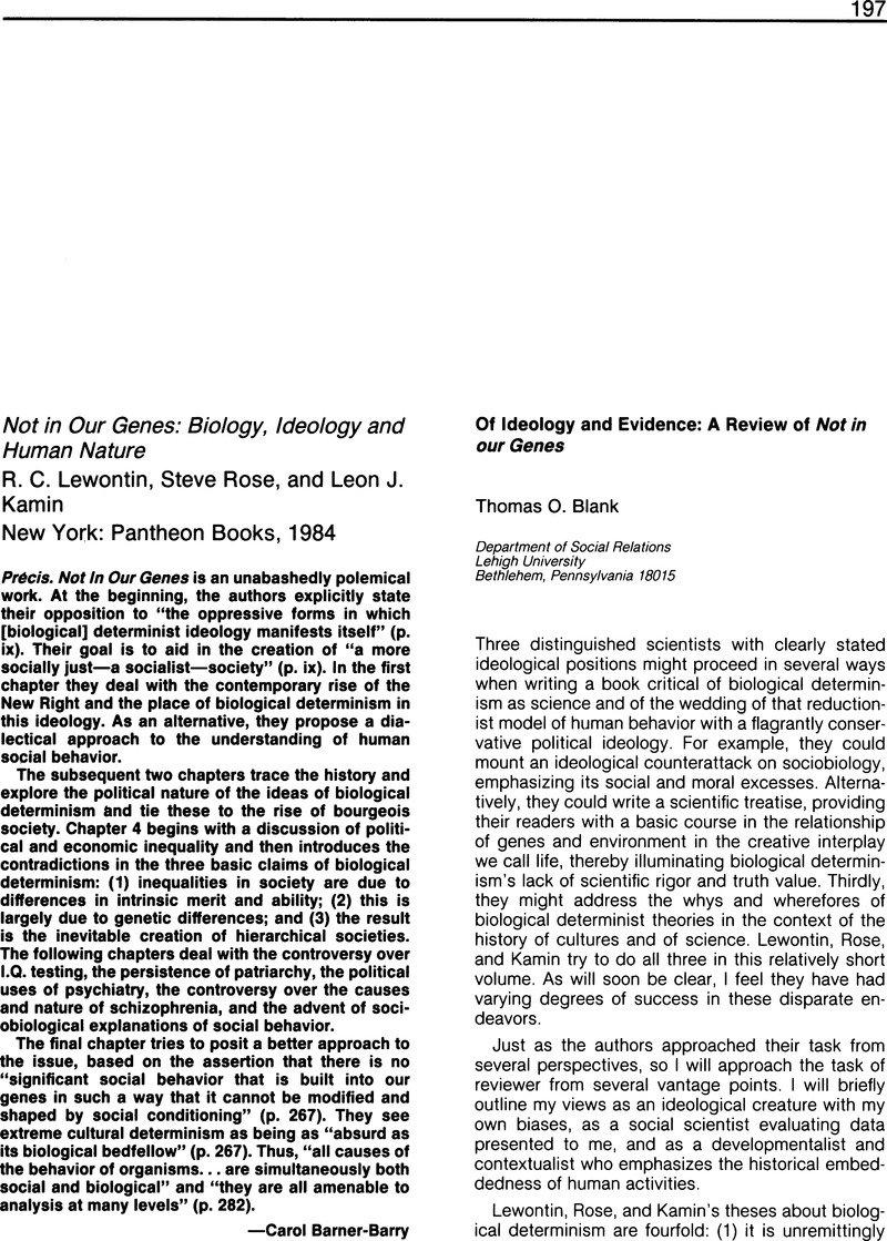 Not in Our Genes Biology, Ideology and Human NatureR. C. Lewontin