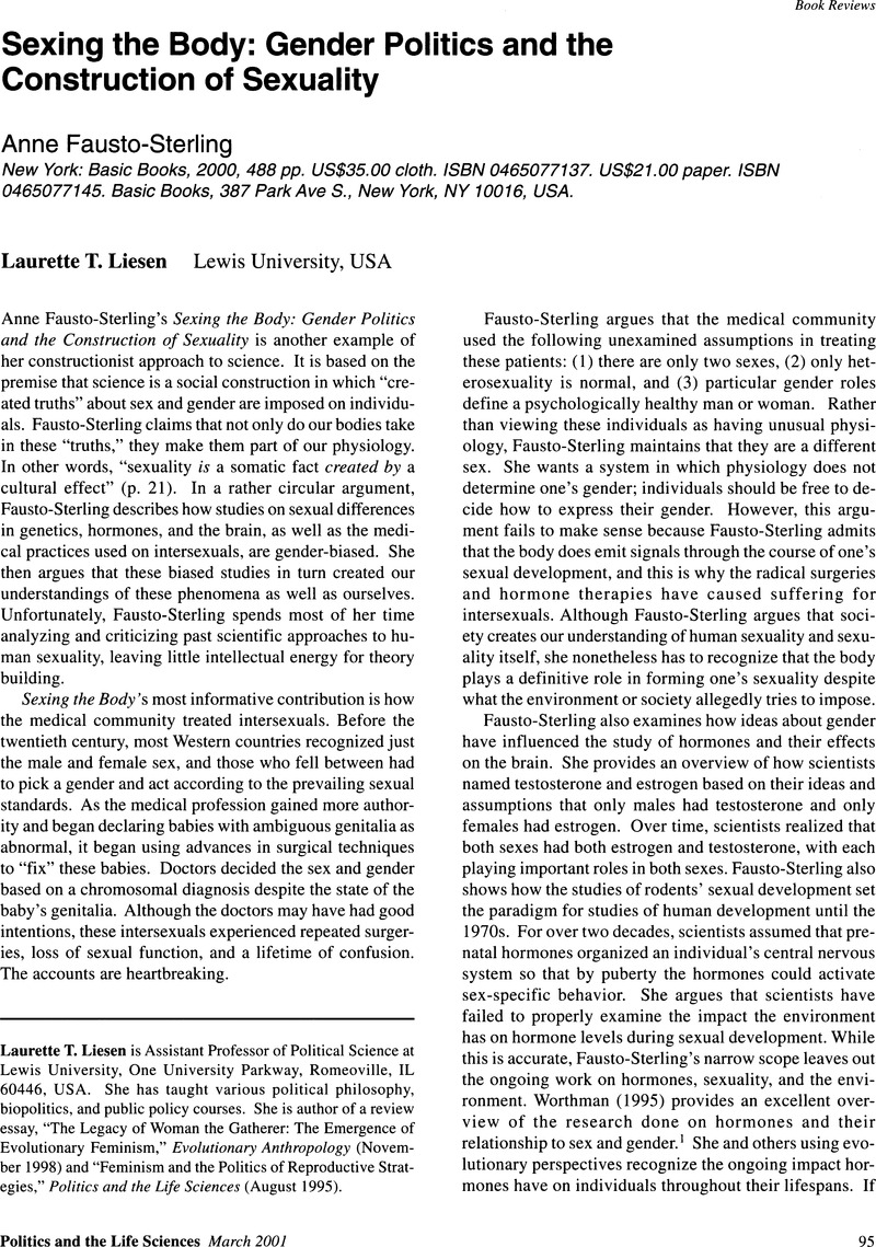 Sexing The Body Gender Politics And The Construction Of Sexuality Anne Fausto Sterling New 