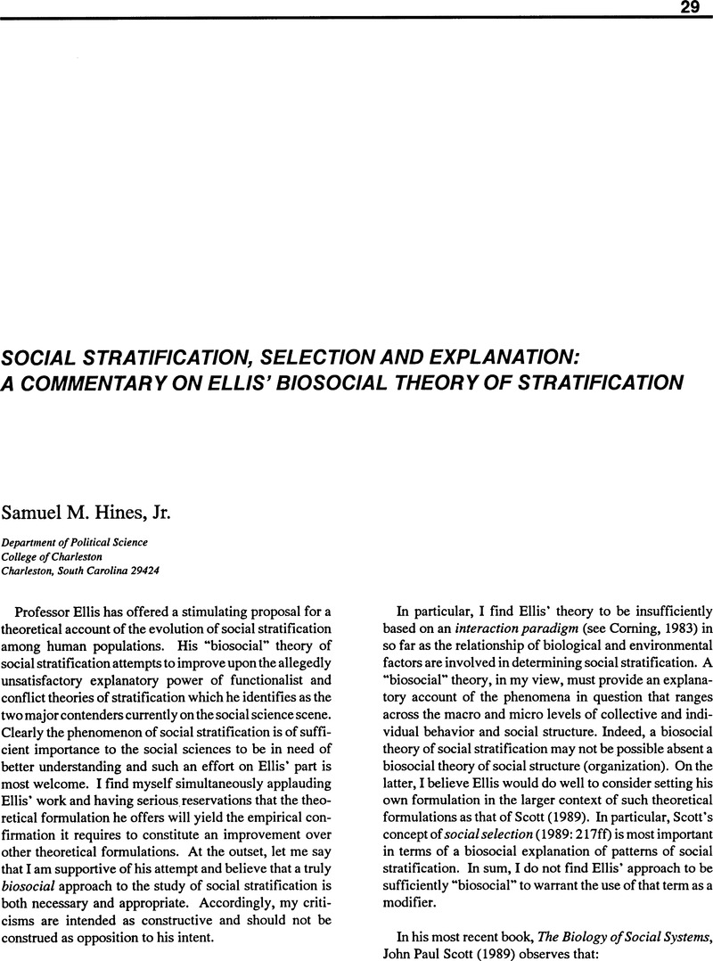 Social Stratification Selection And Explanation A Commentary On Ellis Biosocial Theory Of 1905