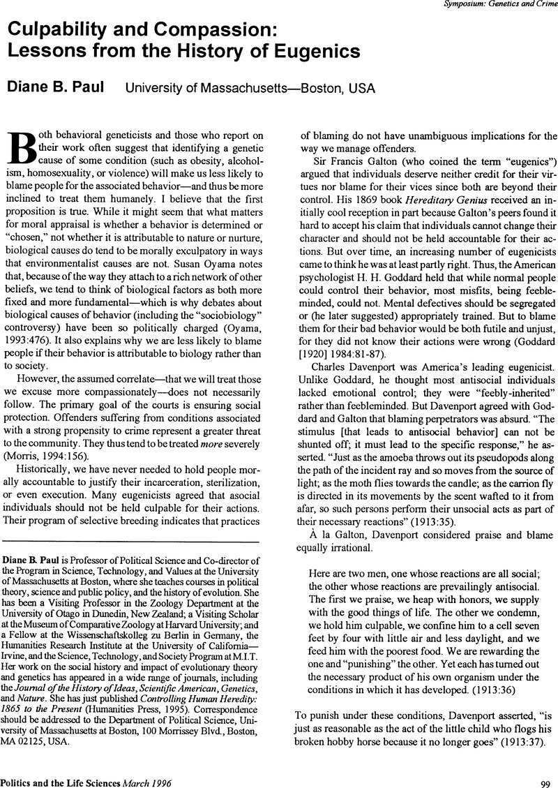 Culpability and Compassion: Lessons from the History of Eugenics ...