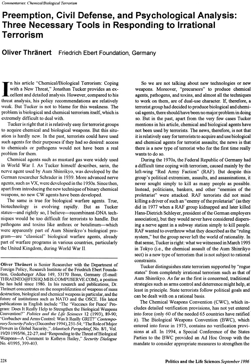 Preemption, Civil Defense, and Psychological Analysis Three Necessary Tools in Responding to