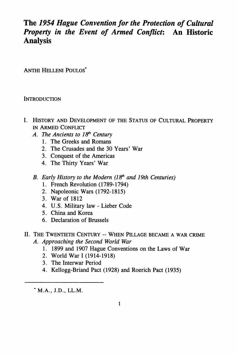 The Hague Convention of 1954 for the Protection of Cultural Property in the Event of Armed Conflict