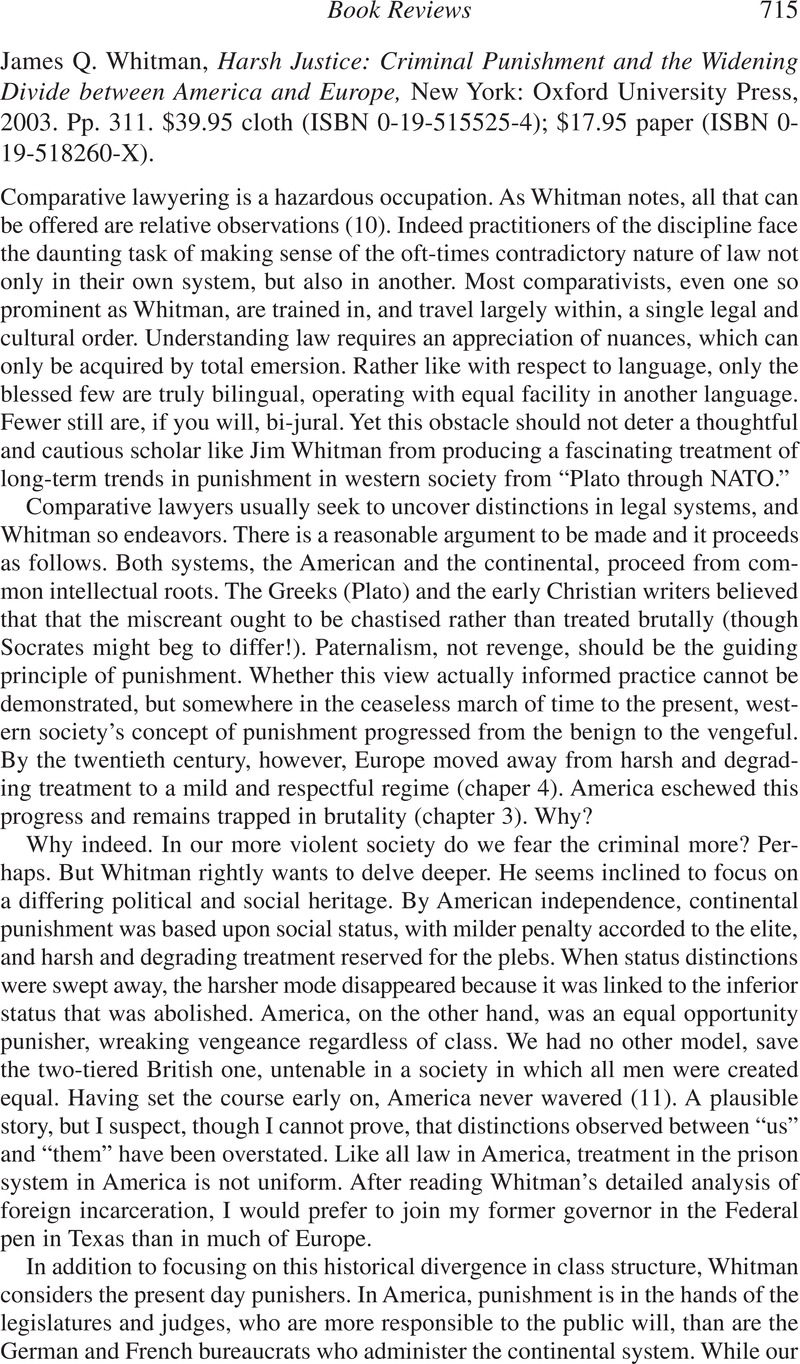 James Q. Whitman, Harsh Justice: Criminal Punishment and the Widening ...