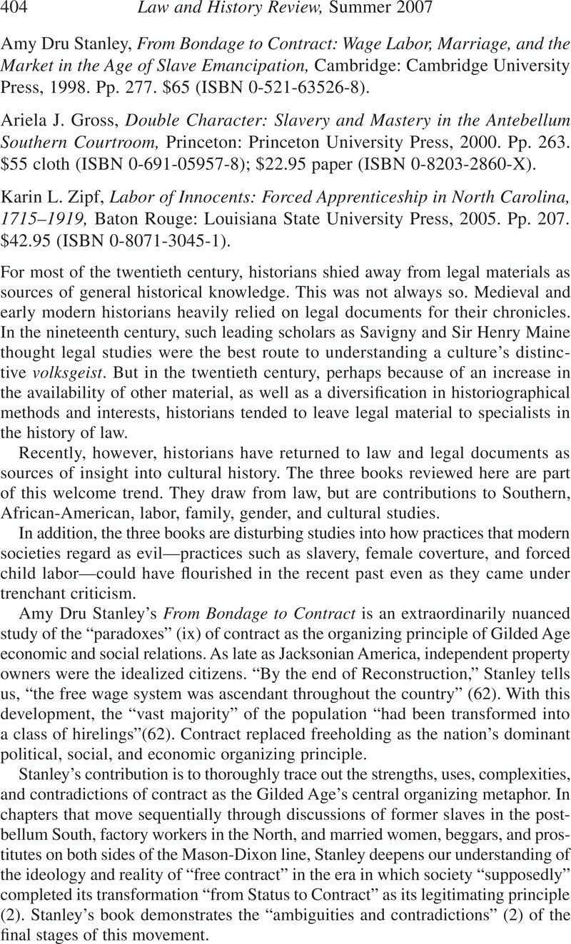 Amy Dru Stanley, From Bondage to Contract: Wage Labor, Marriage, and ...