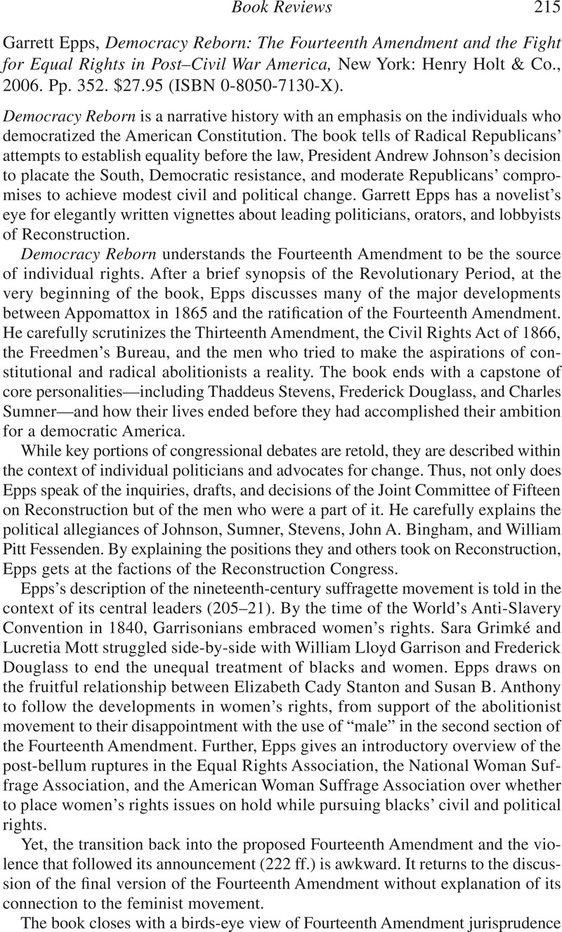 Garrett Epps, Democracy Reborn The Fourteenth Amendment and the Fight
