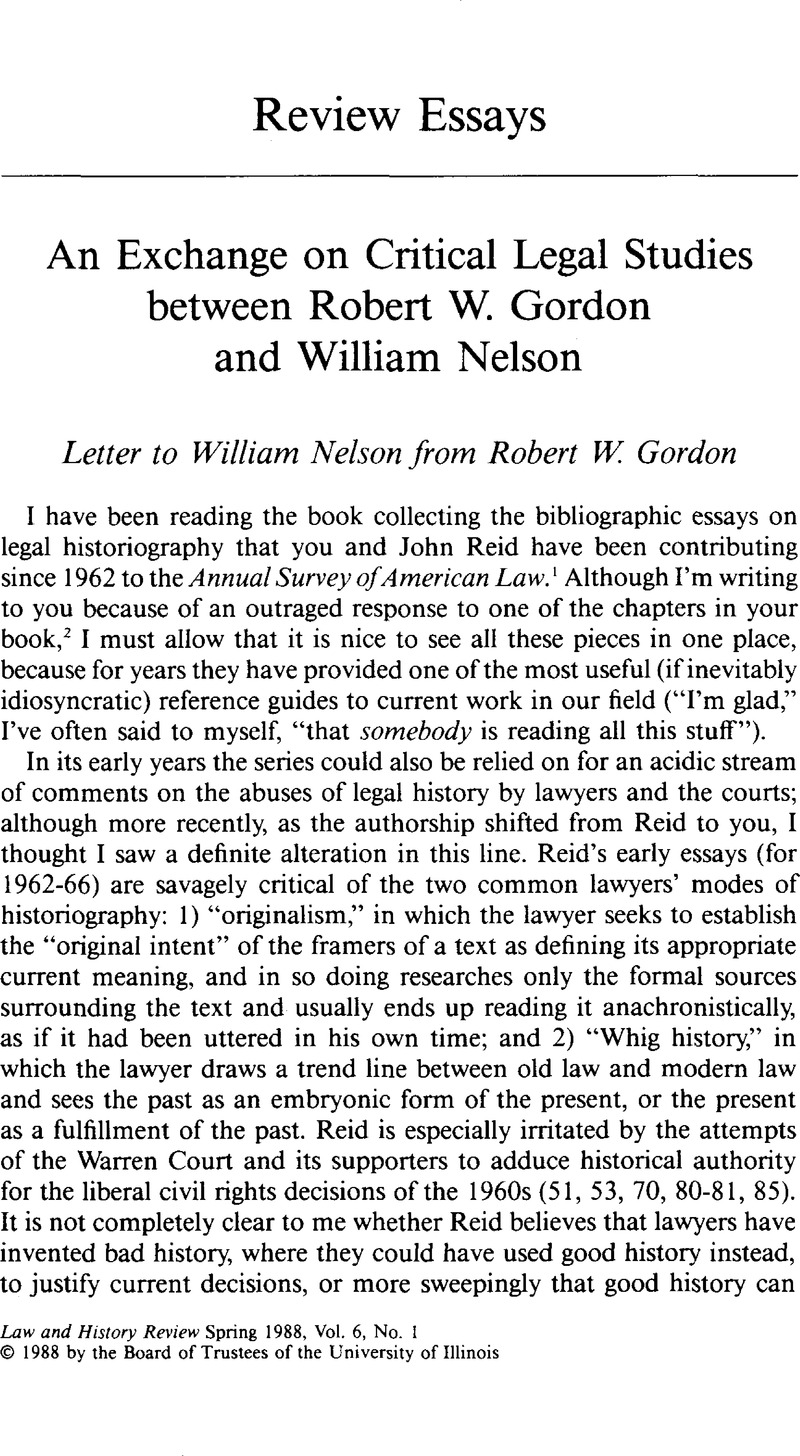 An Exchange On Critical Legal Studies Between Robert W. Gordon And ...