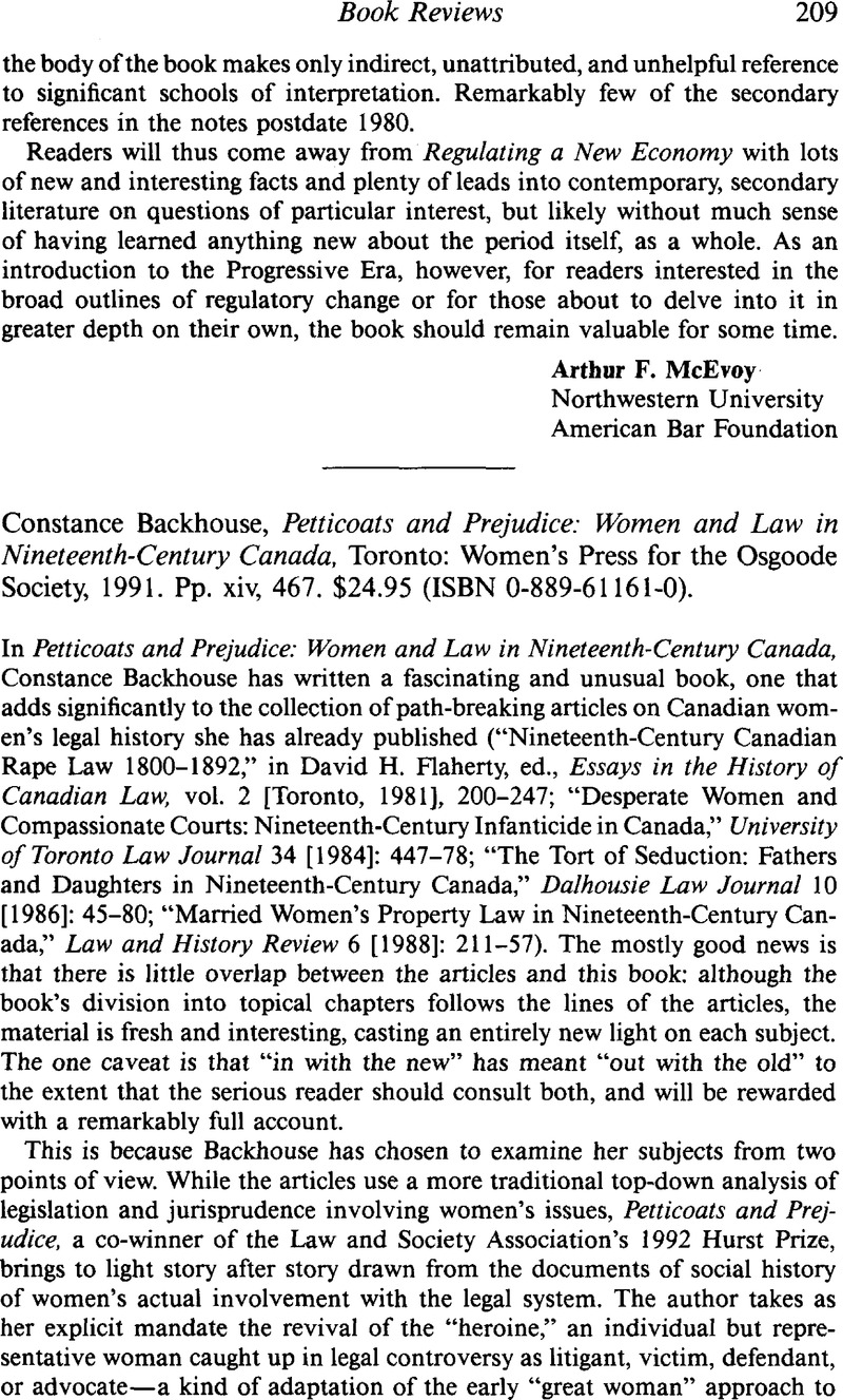 Constance Backhouse, Petticoats and Prejudice Women and Law in