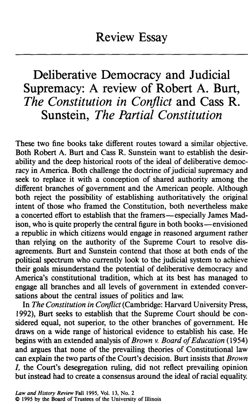 Deliberative Democracy And Judicial Supremacy: A Review Of Robert A ...