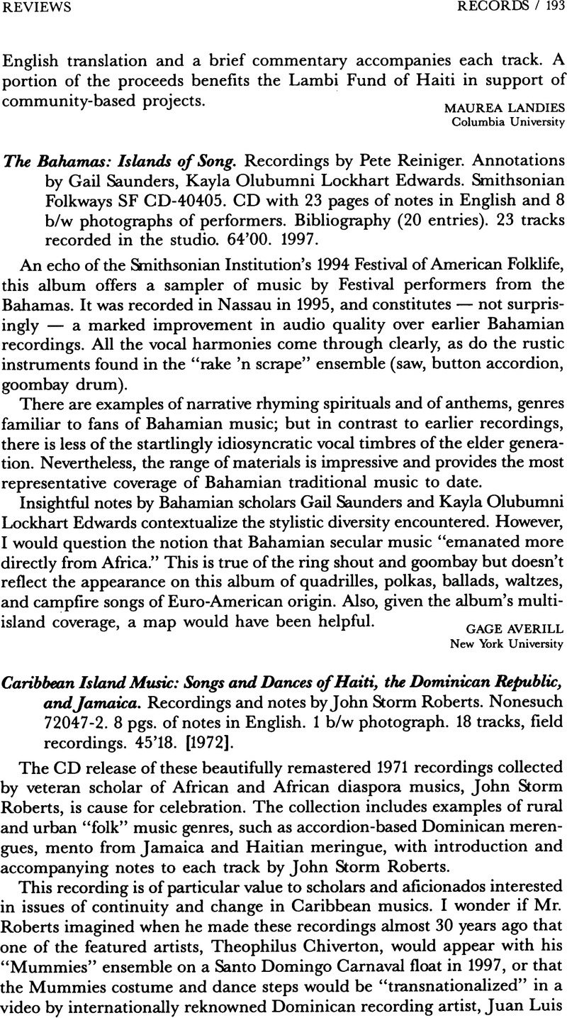 The Bahamas: Islands of Song. Recordings by Pete Reiniger. Annotations ...