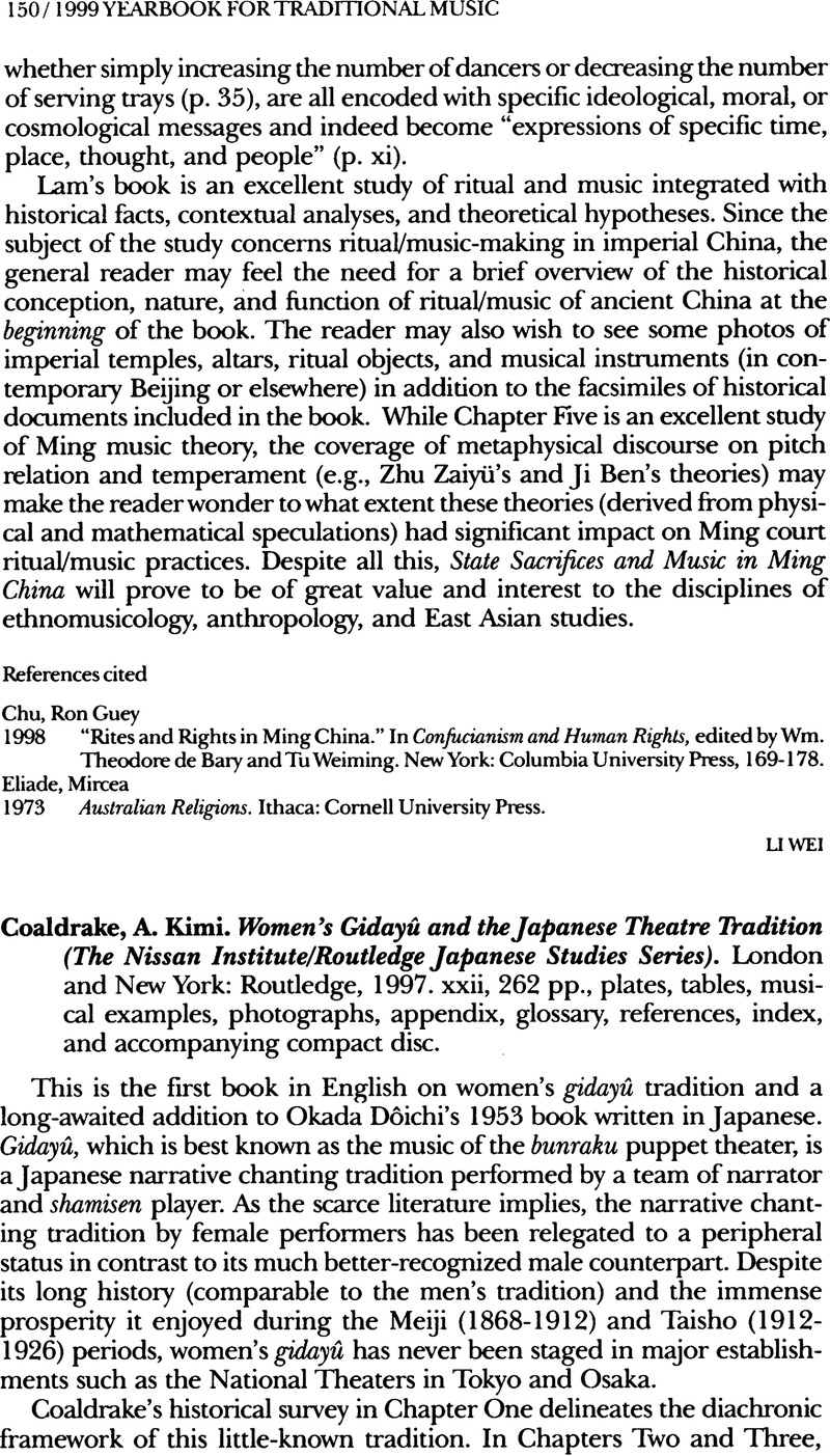 A. Kimi Coaldrake,. Women's Gidayû and the Japanese Theatre Tradition ...