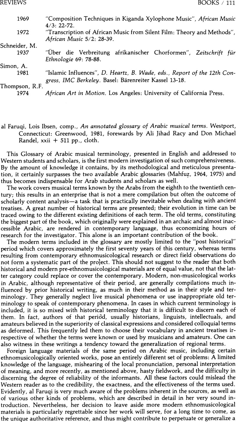 Lois Ibsen al Faruqi, comp., An annotated glossary of Arabic musical ...