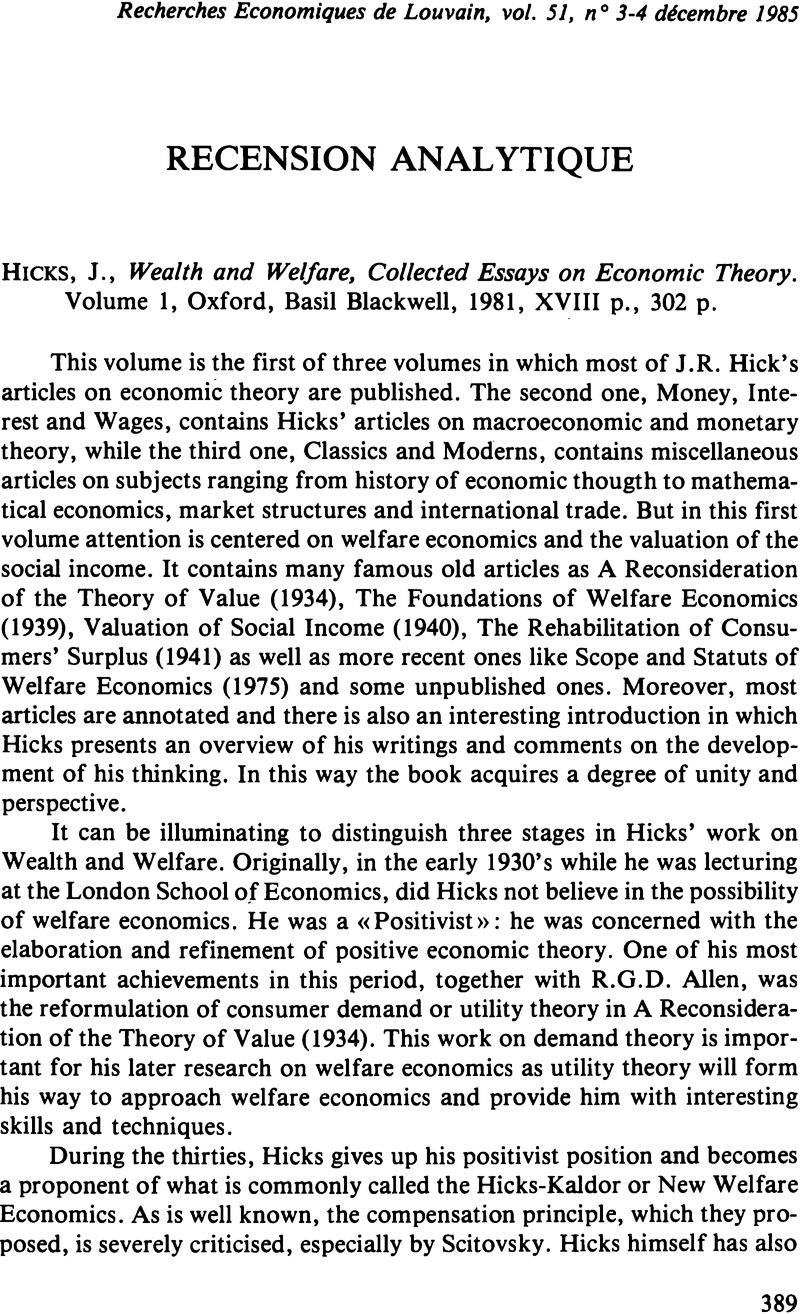 J. Hicks Wealth and Welfare Collected Essays on Economic Theory