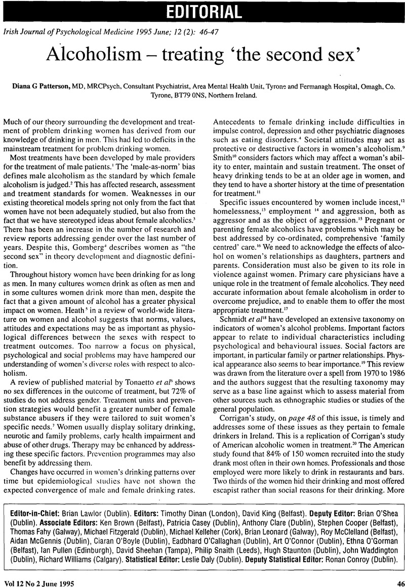 Alcoholism Treating ‘the Second Sex Irish Journal Of Psychological