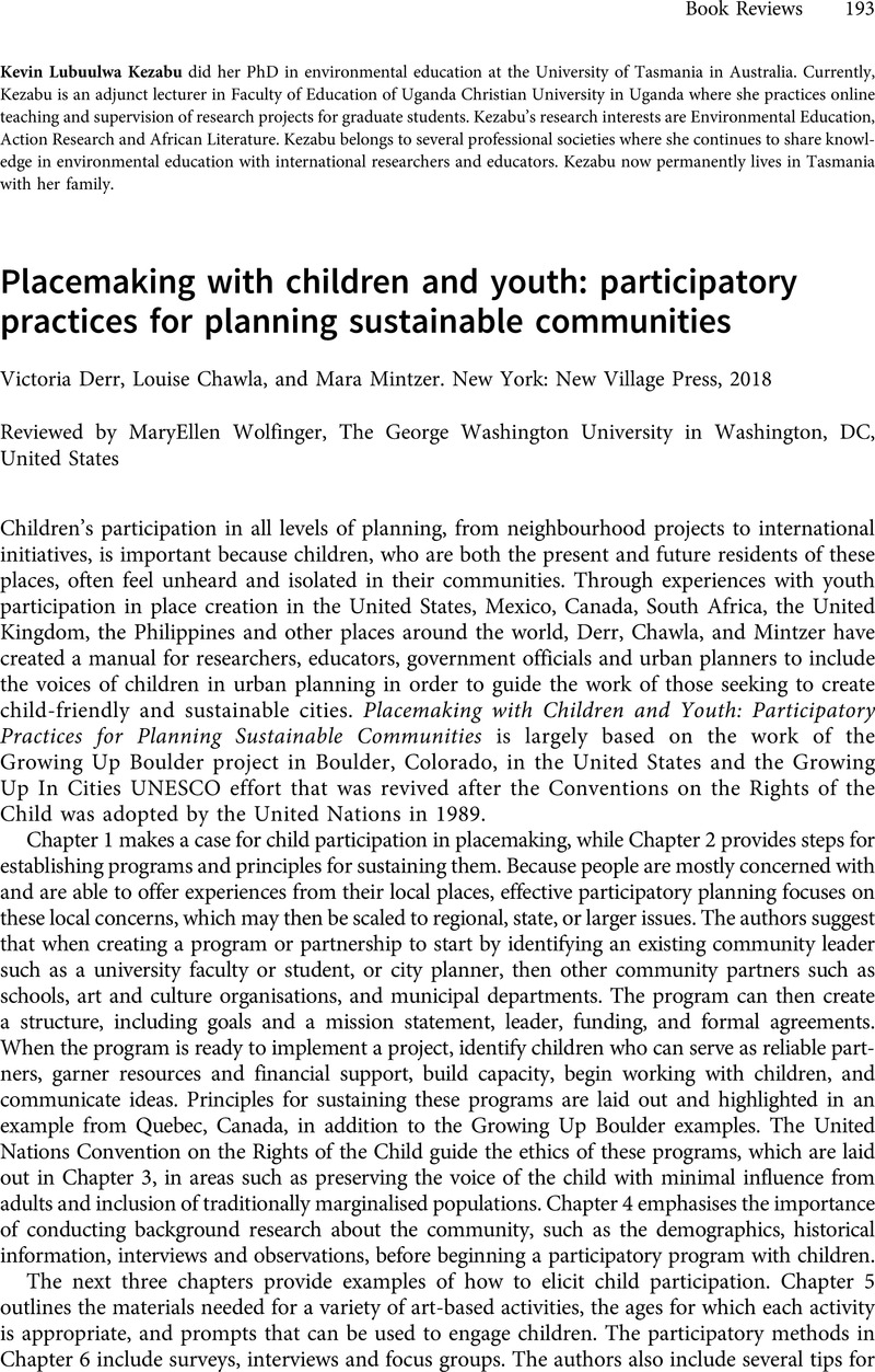 Placemaking with children and youth: participatory practices for ...